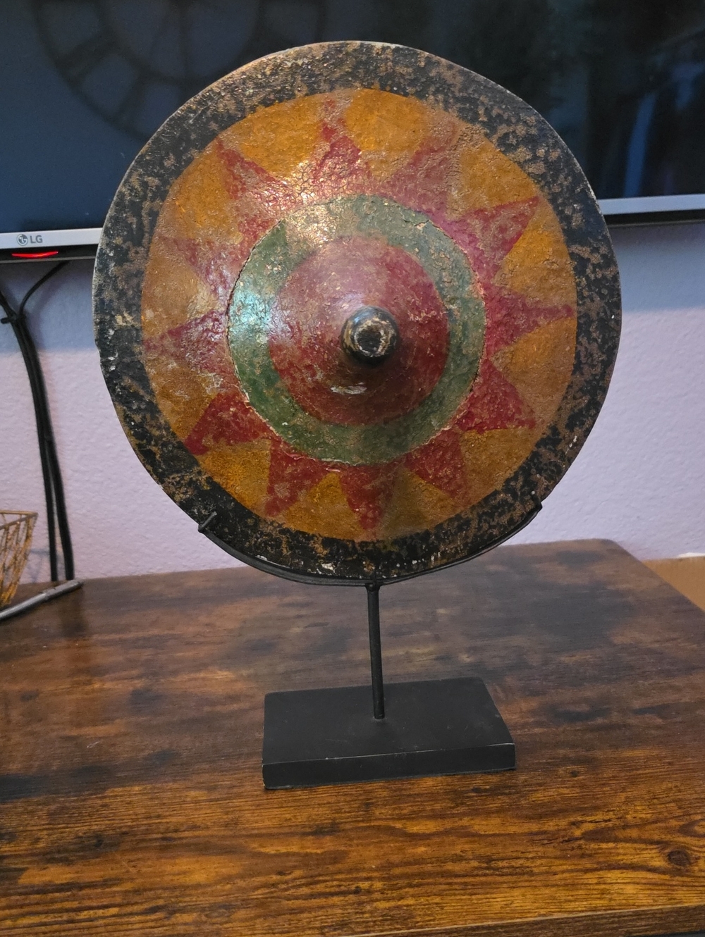 Vintage Indonesian Lombok Wood Spinning Top on Metal Stand - Hand-Painted